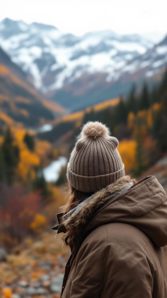 A person wearing a knitted beanie and a brown jacket, looking at a scenic view of mountains and autumn foliage.