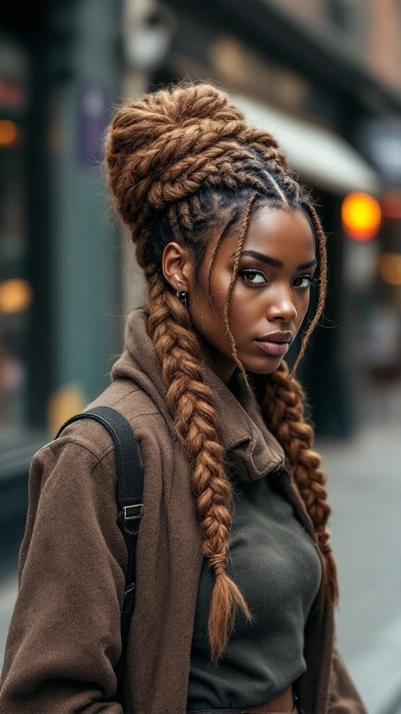 A woman with a stylish knot braid hairstyle, featuring intricate braids and a loose, elegant look.