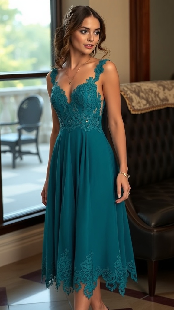 A beautiful lace-trimmed A-line cocktail dress in soft peach color with a deep V-neckline and flutter sleeves.