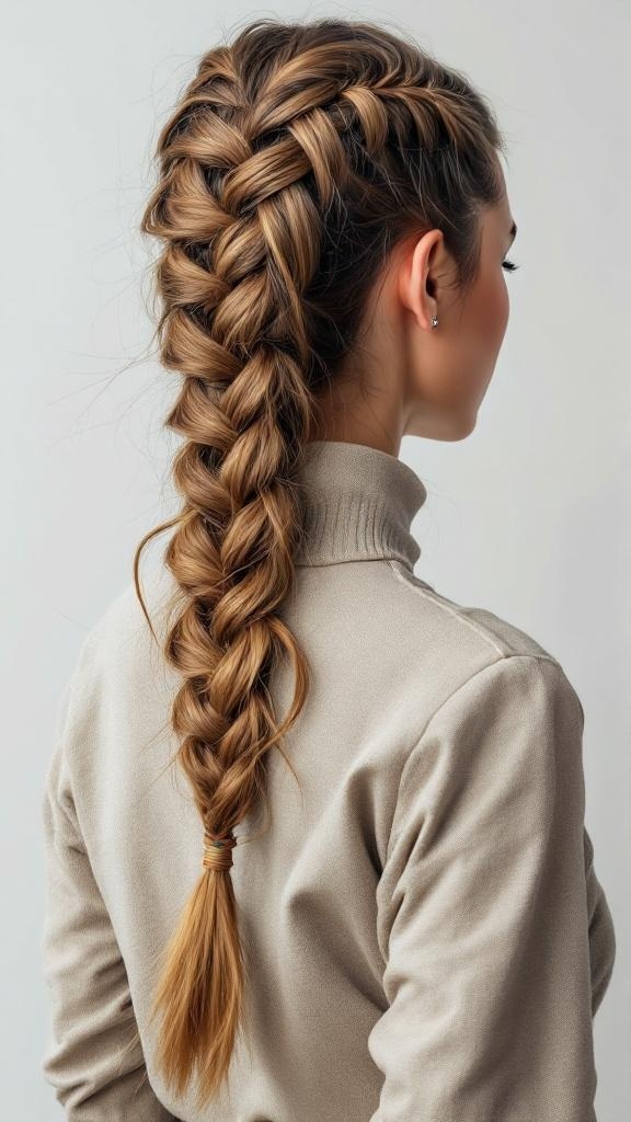 A woman with a ladder braid hairstyle, showcasing a thick and well-defined braid.