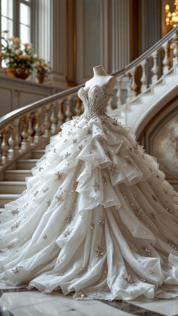 A luxurious ball gown wedding dress with a tiered skirt and intricate beading, displayed in an elegant setting.