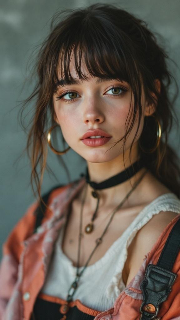 A young woman with layered bangs, wearing hoop earrings and a choker, showcasing a casual hairstyle.