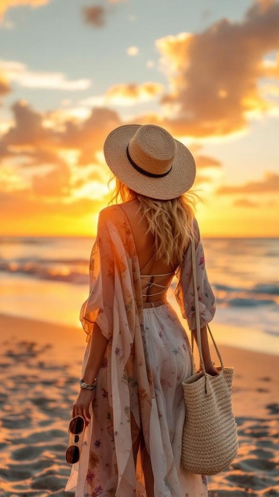 A woman in a layered beach outfit with a floral cover-up and straw hat, standing on the beach during sunset.