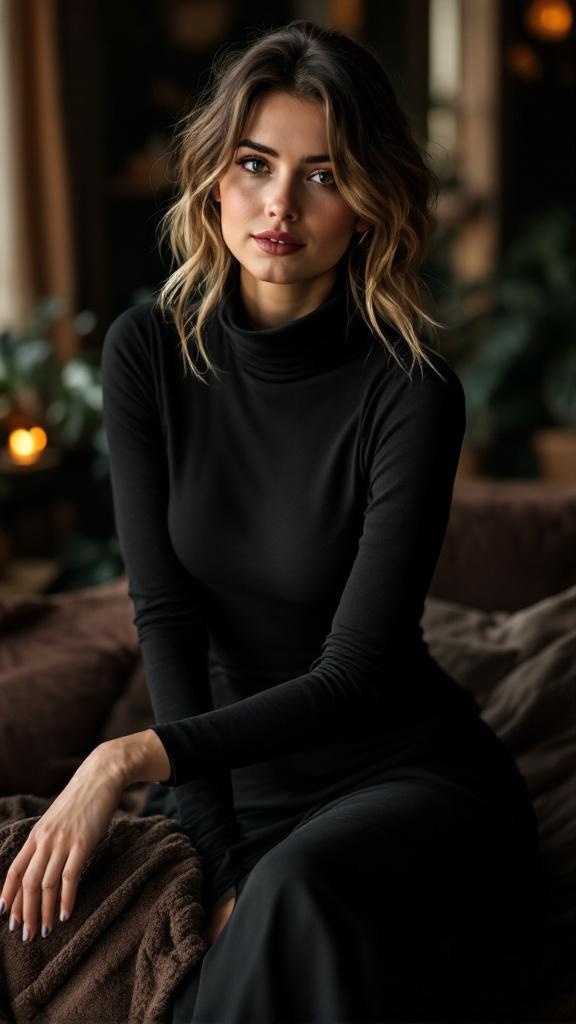 A woman wearing a layered black dress with a turtleneck, sitting comfortably.