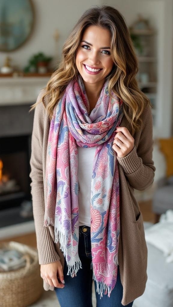 A layered cardigan in a neutral color with a colorful floral printed scarf draped over a mannequin.