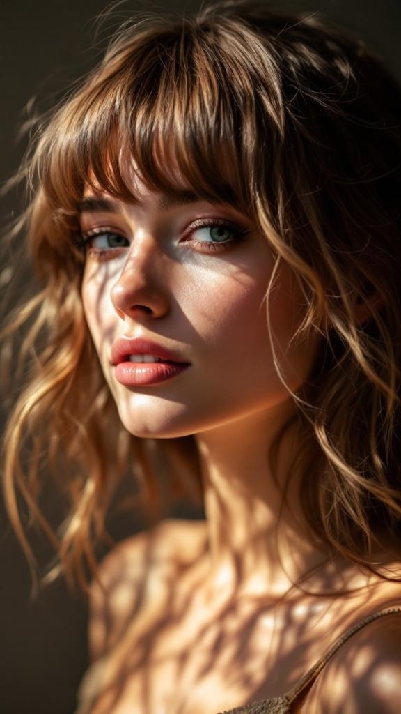 A model with layered curtain bangs and highlights, showcasing a warm glow and soft features.