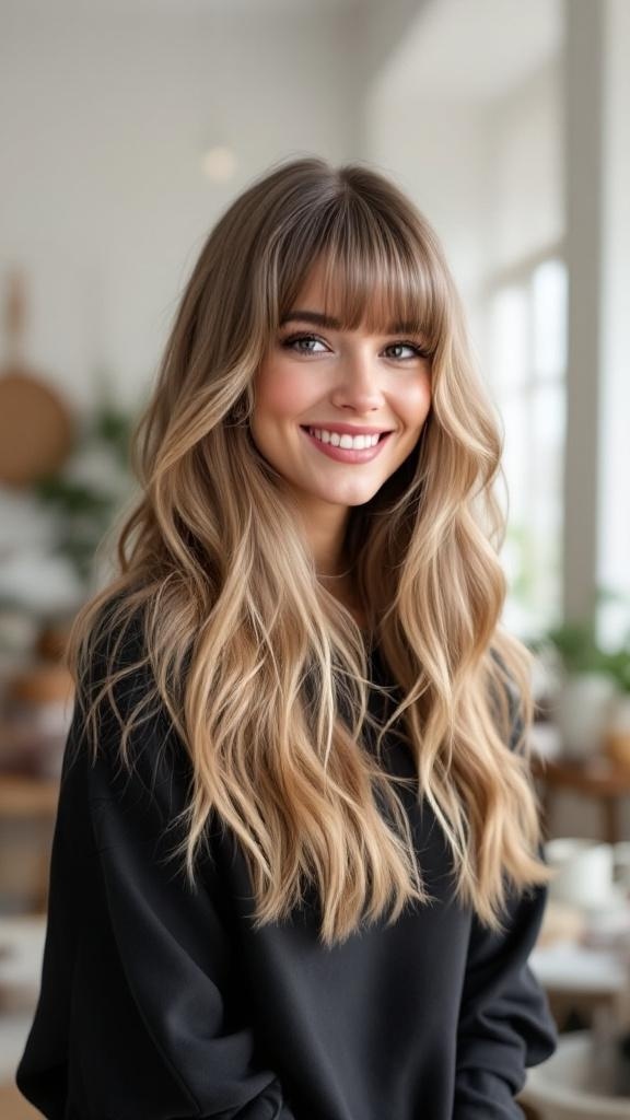 A woman with long layered hair and soft bangs, smiling in a cozy indoor setting.