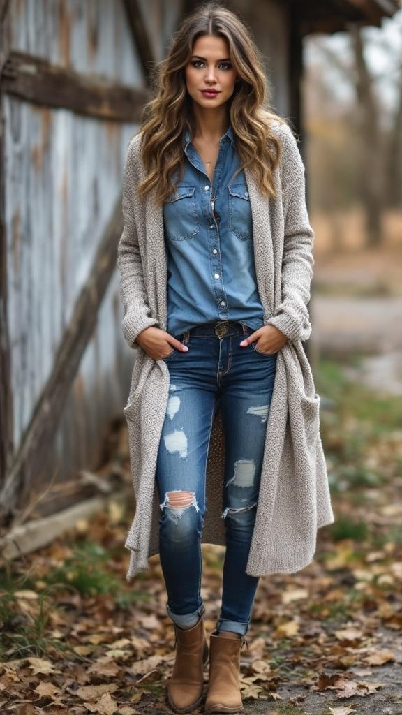 A woman in a light blue denim shirt, distressed jeans, and a beige cardigan, standing outdoors.