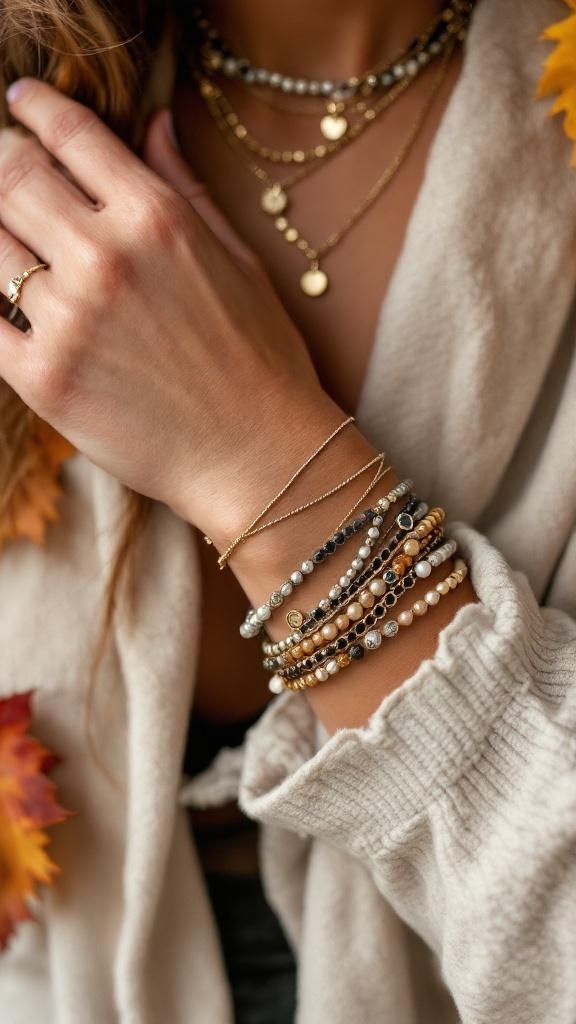 A close-up of a hand wearing layered jewelry, including necklaces and bracelets, with autumn leaves in the background.