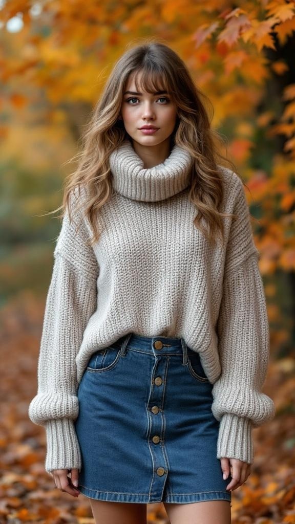 A young woman wearing a cozy knit sweater and denim skirt, surrounded by autumn leaves.