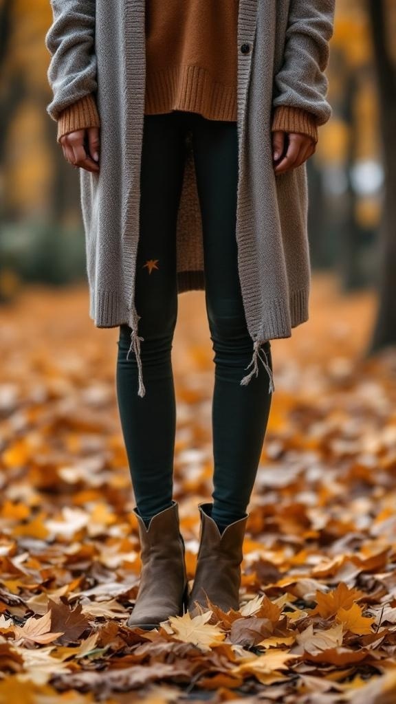 A model wearing dark green leggings, a brown oversized sweater, and a gray cardigan, standing among autumn leaves.