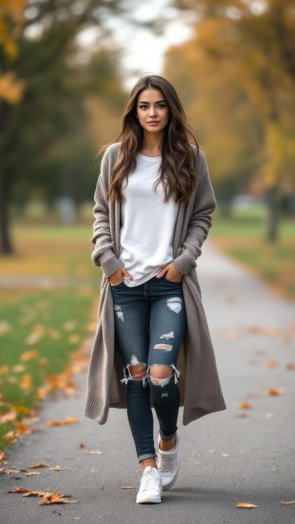 A woman walking in a park wearing a long cardigan, ripped jeans, and white sneakers.