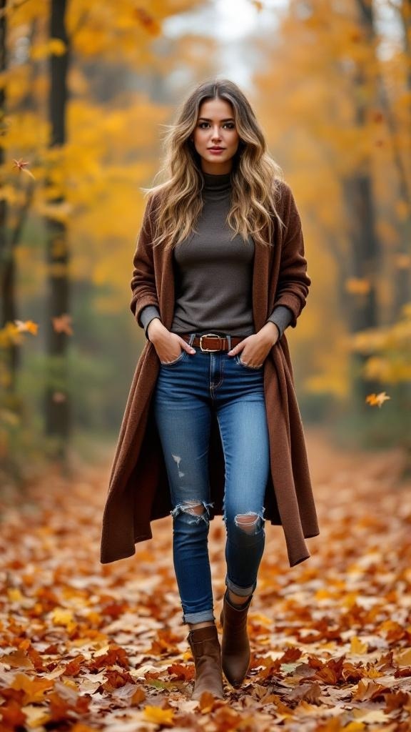 A woman wearing a long brown cardigan over a turtleneck and distressed jeans, walking on a path covered with autumn leaves.