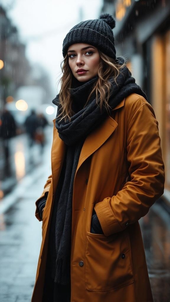 A model wearing a yellow raincoat, dark scarf, and knitted beanie on a rainy street.