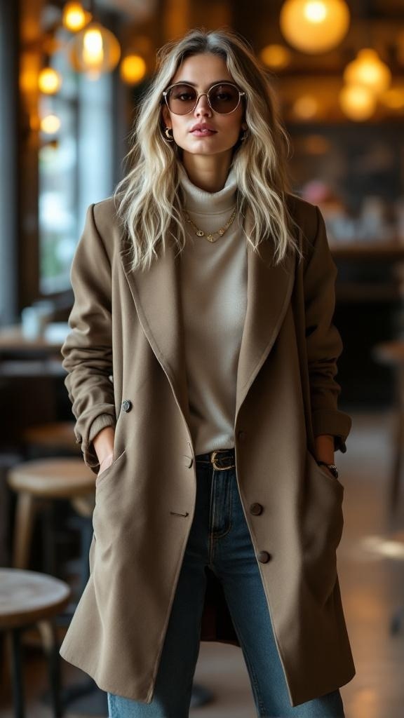 A woman wearing a layered oversized blazer with a turtleneck and cardigan, standing in a cozy cafe.