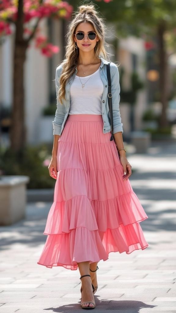 A layered pink skirt hanging on a rack next to casual tops.