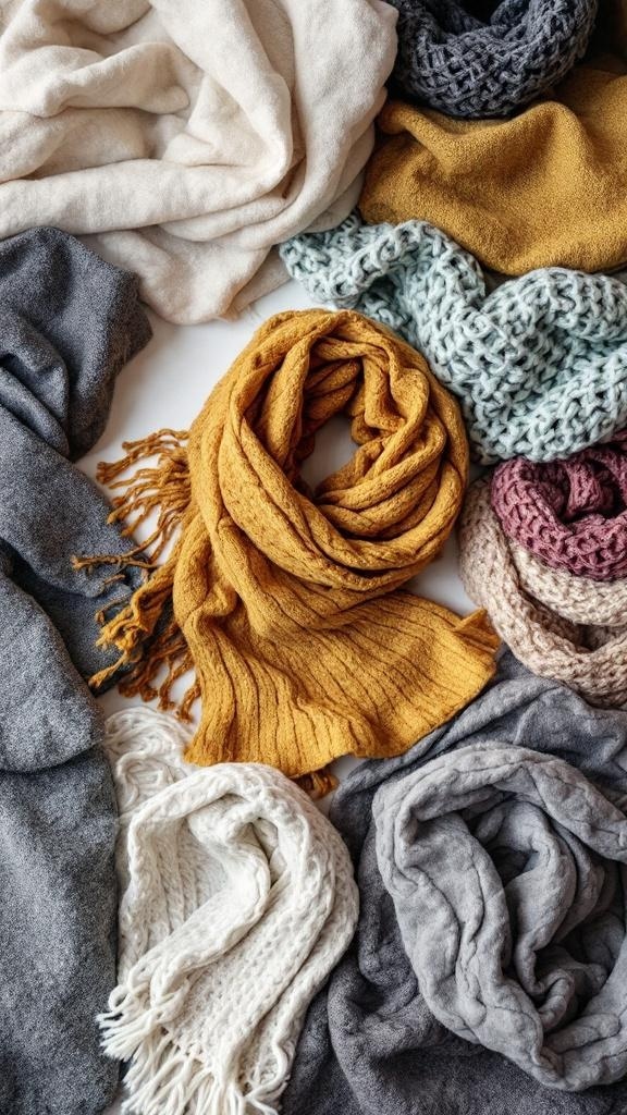 A collection of scarves in various colors and textures, including a mustard scarf, arranged in a layered style.