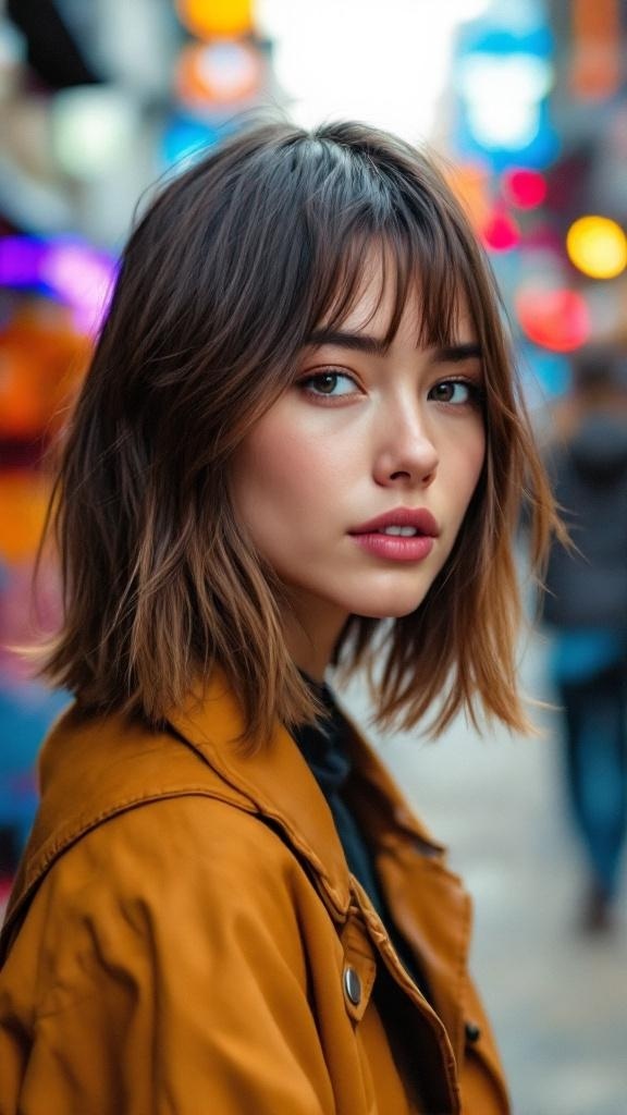 A woman with medium-length layered shag cut hair, wearing a brown jacket, with a blurred city background.