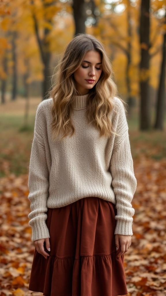 A woman wearing a cozy knit sweater and a layered plaid skirt, walking in a colorful autumn setting.