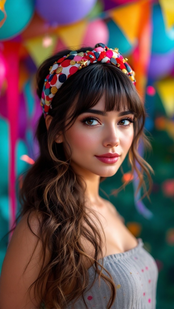 A woman with layered waves and a colorful headband, set against a festive background.