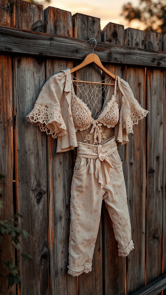 A stylish outfit hung on a wooden fence, featuring a crocheted top and relaxed pants.