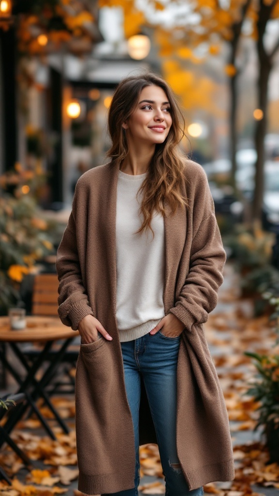 A woman wearing a brown long cardigan, smiling while standing on a street with autumn leaves.