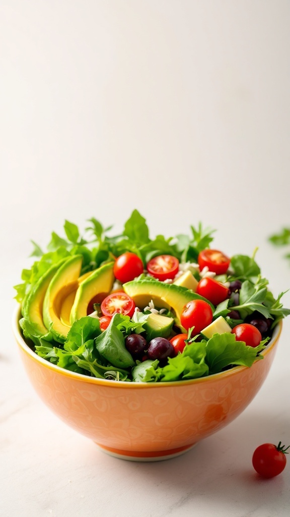 A fresh salad with leafy greens, avocado, and cherry tomatoes in an orange bowl