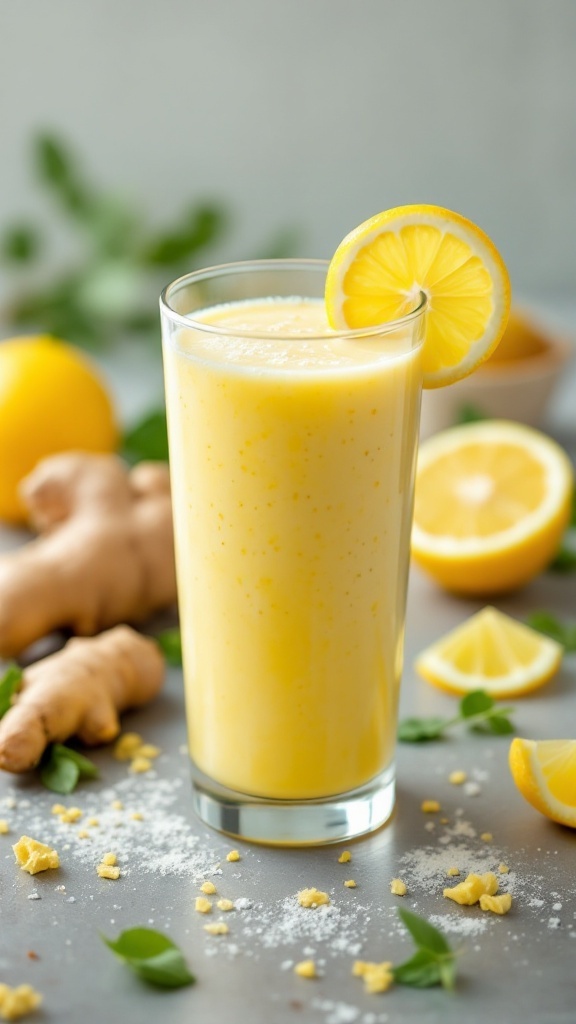 A refreshing lemon and ginger smoothie in a glass with lemon slices.