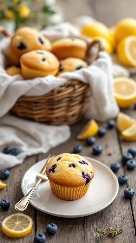 A plate of lemon blueberry muffins with a basket of muffins in the background, surrounded by fresh blueberries and lemon slices.