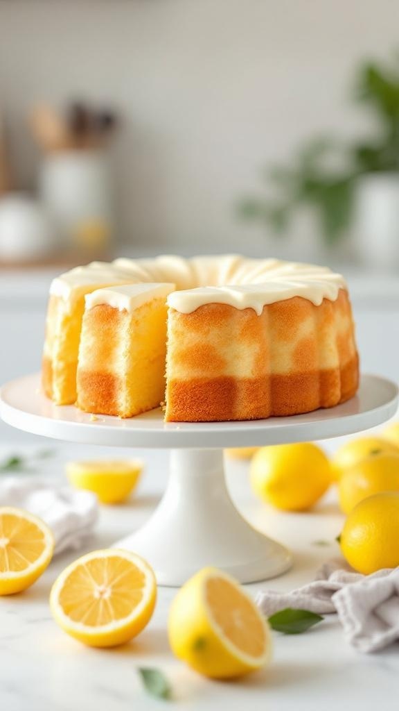 A beautiful lemon chiffon cake with a light glaze, surrounded by fresh lemons.