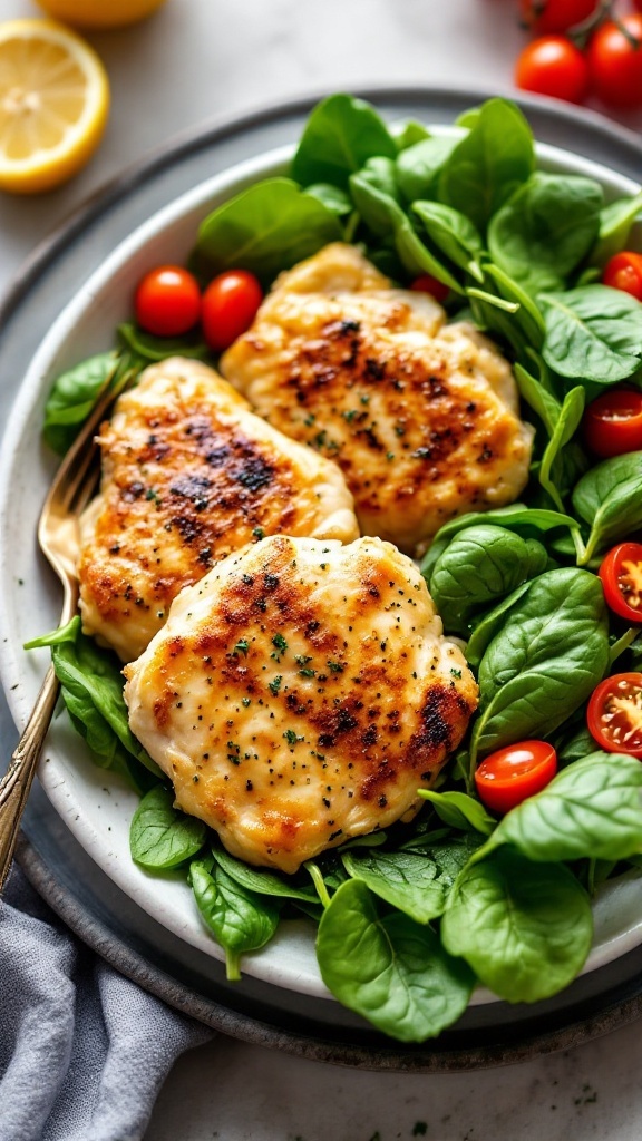 Lemon garlic chicken thighs served with a fresh spinach salad.