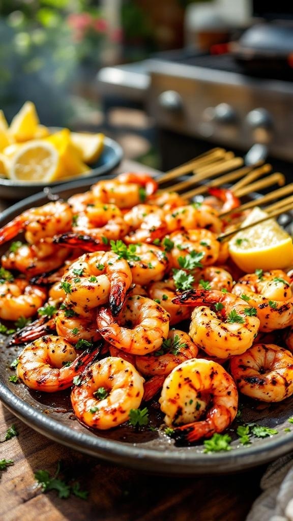 Plate of lemon garlic grilled shrimp skewers garnished with parsley and lemon wedges