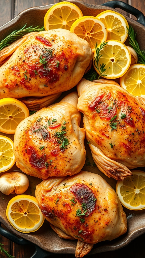 Lemon Garlic Roasted Chicken Breasts with lemon slices and herbs