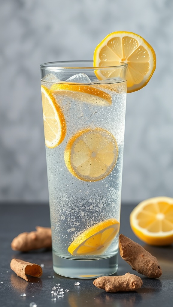 A refreshing glass of lemon ginger sparkling water with ice and lemon slices.
