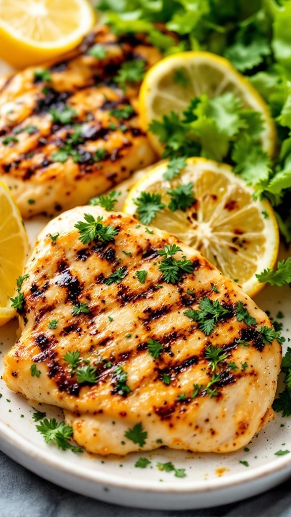 Grilled chicken breasts garnished with herbs and lemon slices
