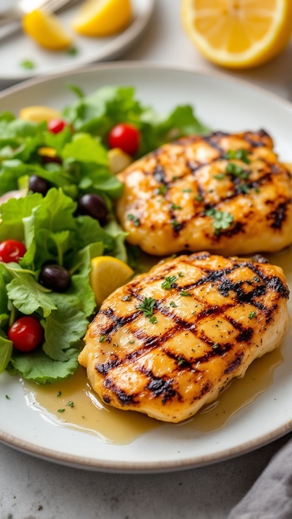 Grilled chicken thighs served with greens and lemon