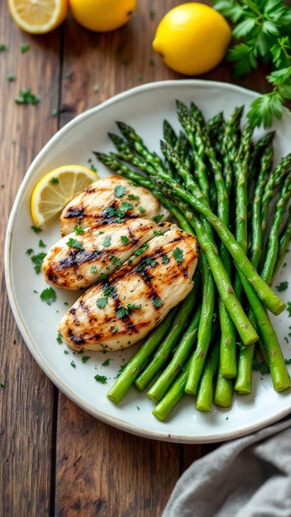 Grilled chicken and asparagus on a plate with lemon