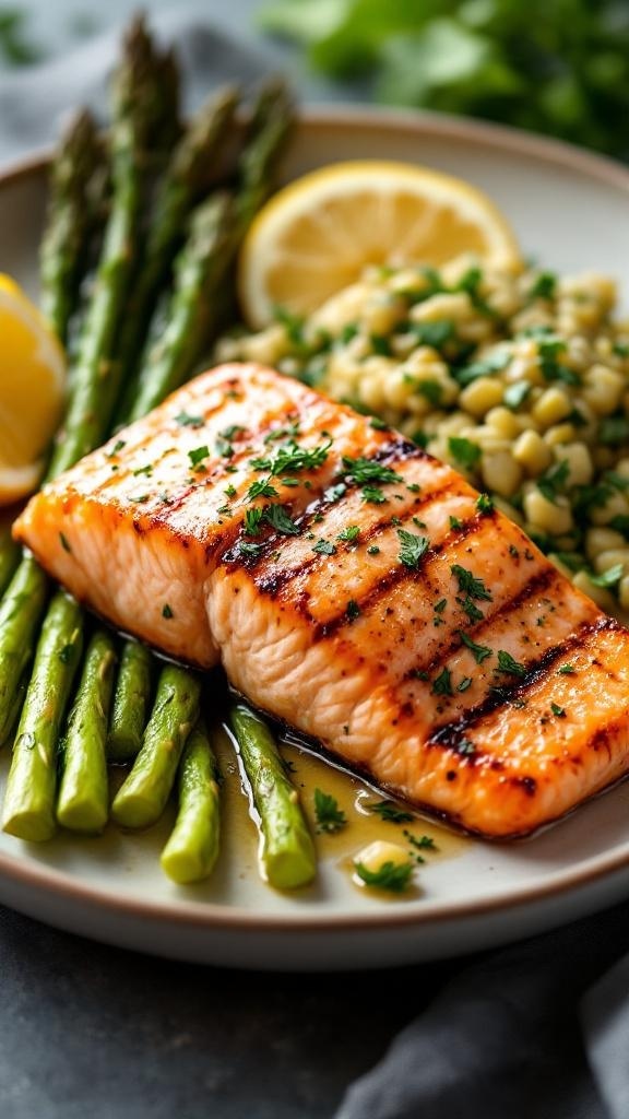 Grilled salmon with asparagus and lemon