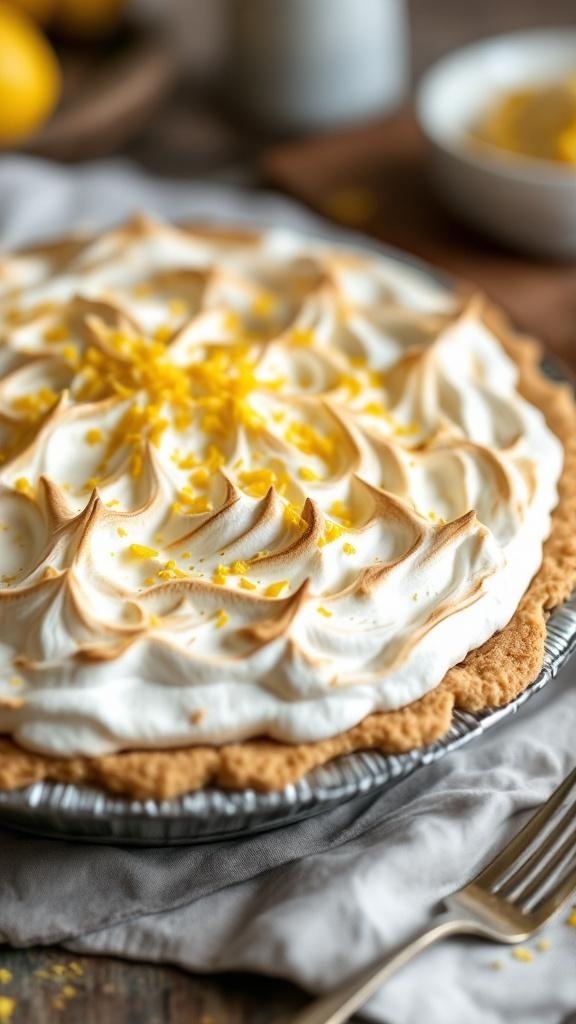 A beautifully baked lemon meringue pie with a golden meringue topping and lemon zest decoration.