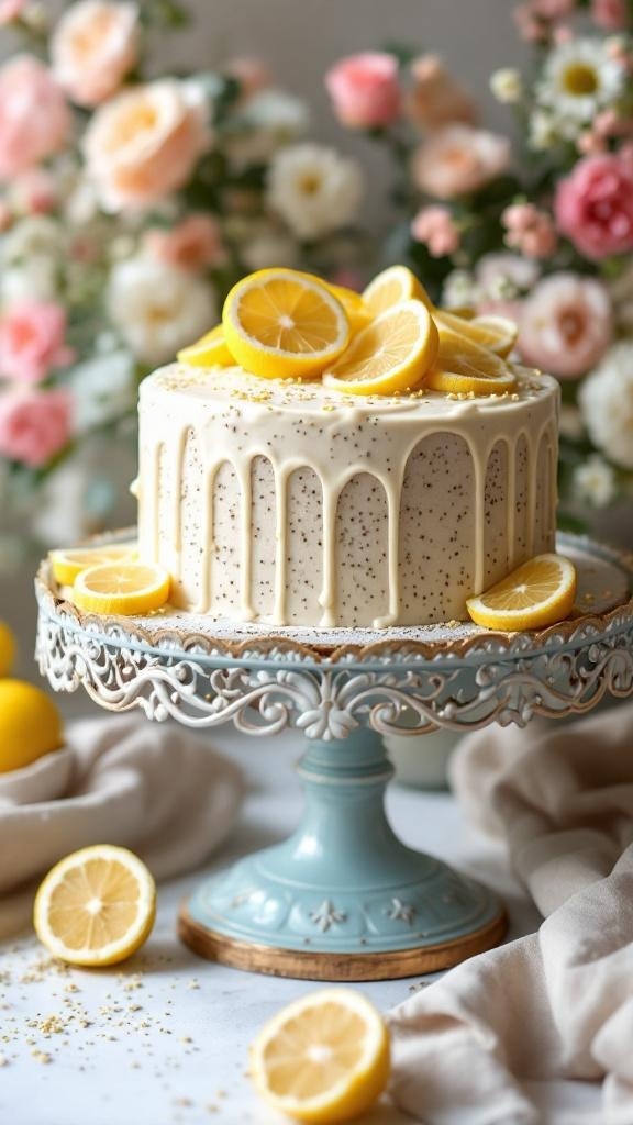 A beautifully decorated lemon poppy seed cake with lemon slices on top, surrounded by flowers.