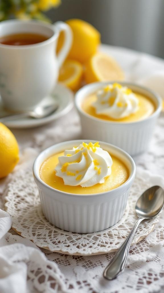 Two lemon pudding cakes topped with whipped cream and lemon zest, with a cup of tea and fresh lemons in the background.