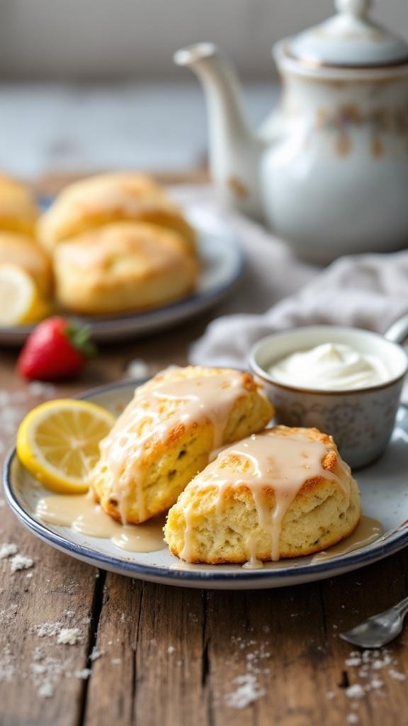Lemon scones with glaze served on a plate with lemon slices and cream