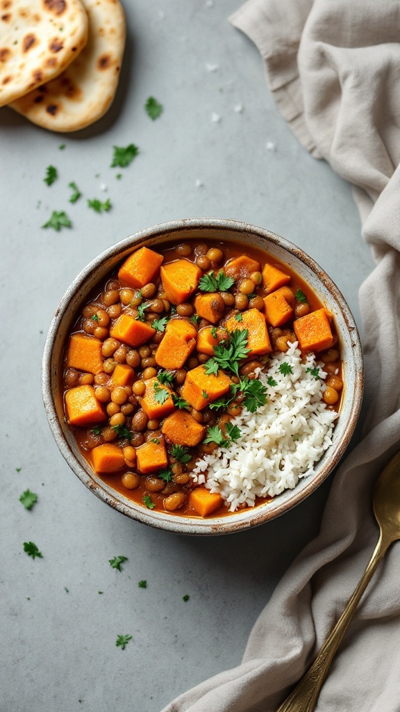 A bowl of lentil and sweet potato curry served with rice and garnished with cilantro.