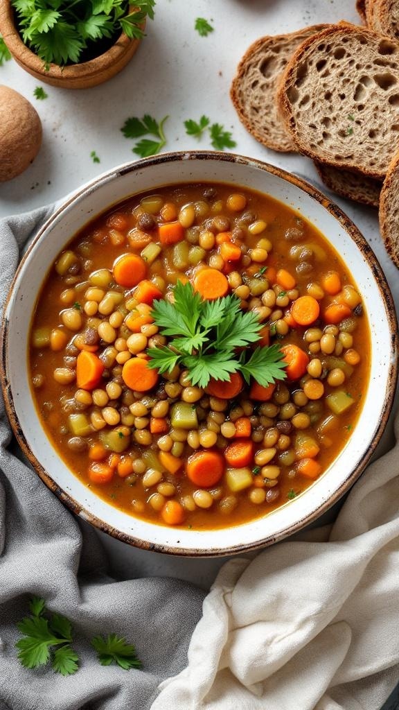 A hearty bowl of lentil soup with carrots and celery, garnished with parsley, served with slices of bread.