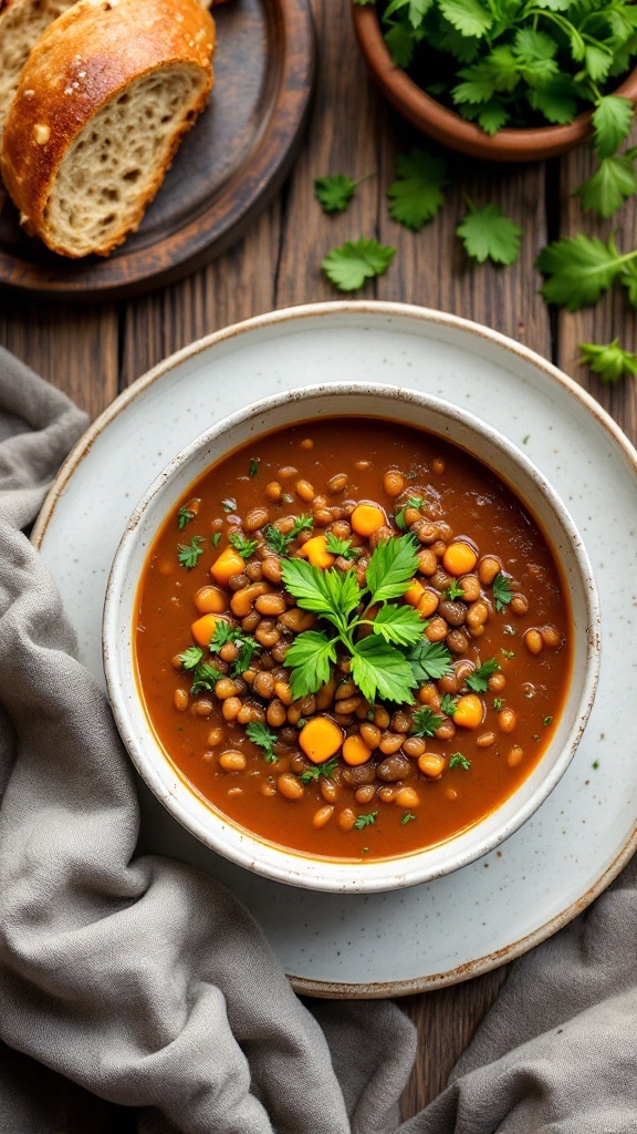 A bowl of lentil soup garnished with fresh herbs, served with bread on the side.