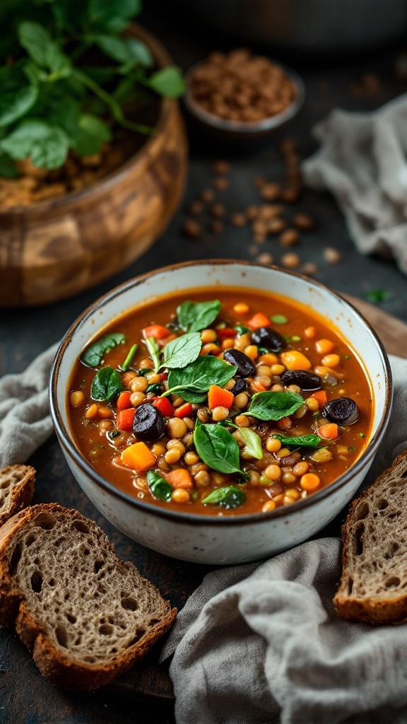 A bowl of lentil soup with spinach, colorful vegetables, and slices of bread beside it.
