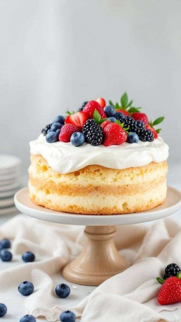 Light and fluffy angel food cake topped with fresh berries on a cake stand.