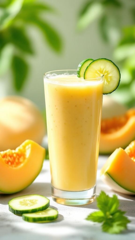 A refreshing cucumber melon smoothie in a glass, garnished with a cucumber slice, surrounded by melon slices.
