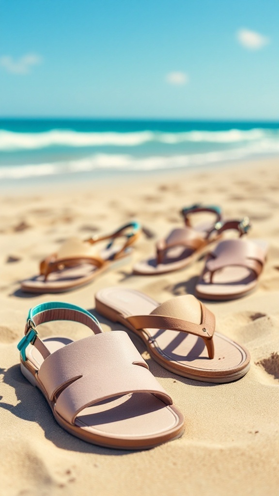 Lightweight sandals on a sandy beach with ocean in the background