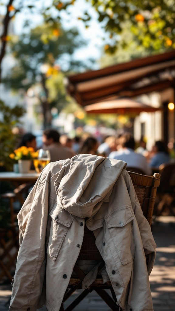A lightweight beige jacket draped over a chair in an outdoor café setting